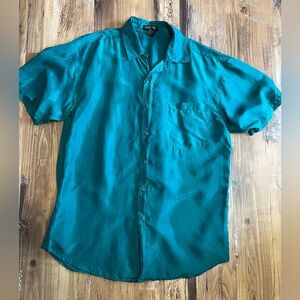 Stefano Men’s M Teal Blue Casual Button Down Shirt Relaxed Fit 100% Silk
